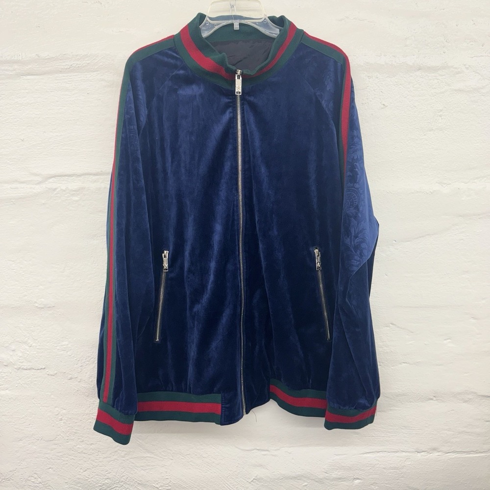 Vintage Manzini Velour Track Suit Top Navy Red Green Heavy Quality Luxury